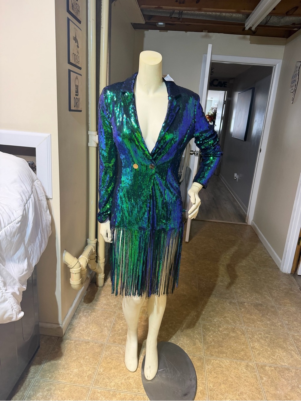 AKIRA Sequin Blazer Dress in Green and Blue with Fringe